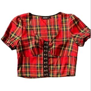 Red Punk Rockabilly top plaid short sleeve size XXL